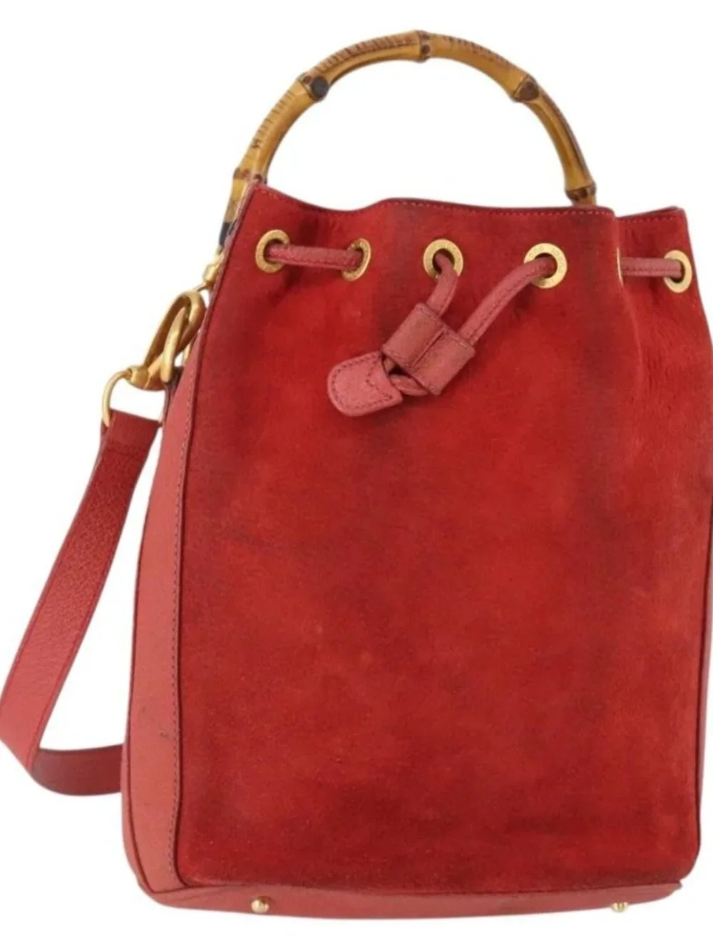 GUCCI Bamboo Shoulder Bag Suede 2way Red Gold 001 2865 1657 Auth INZ038